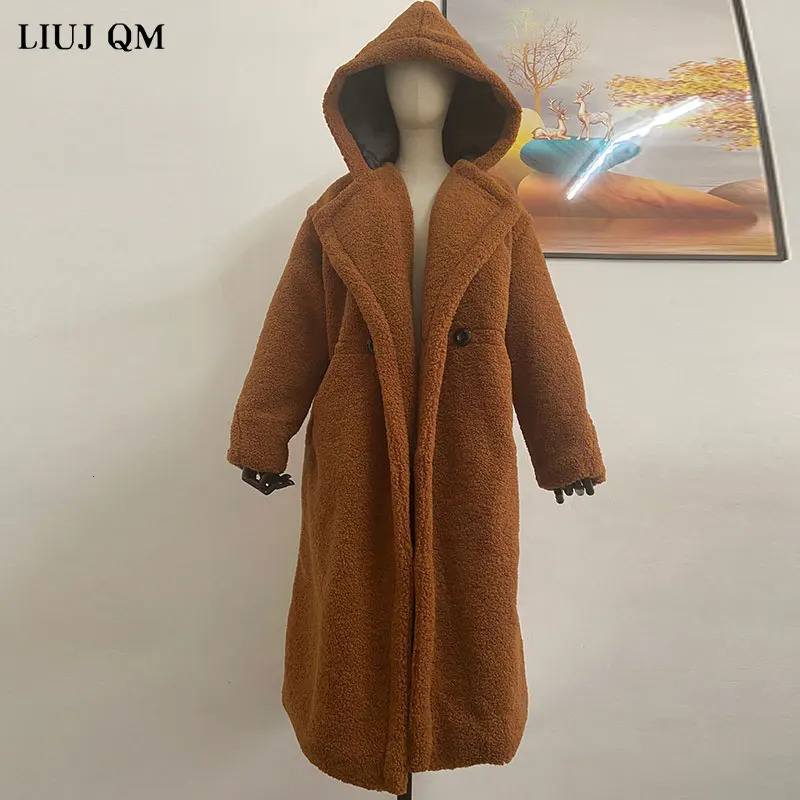 Teddy bear coat womens winter clothing black belt wool coat hooded long park womens warm coat fur coat 241107