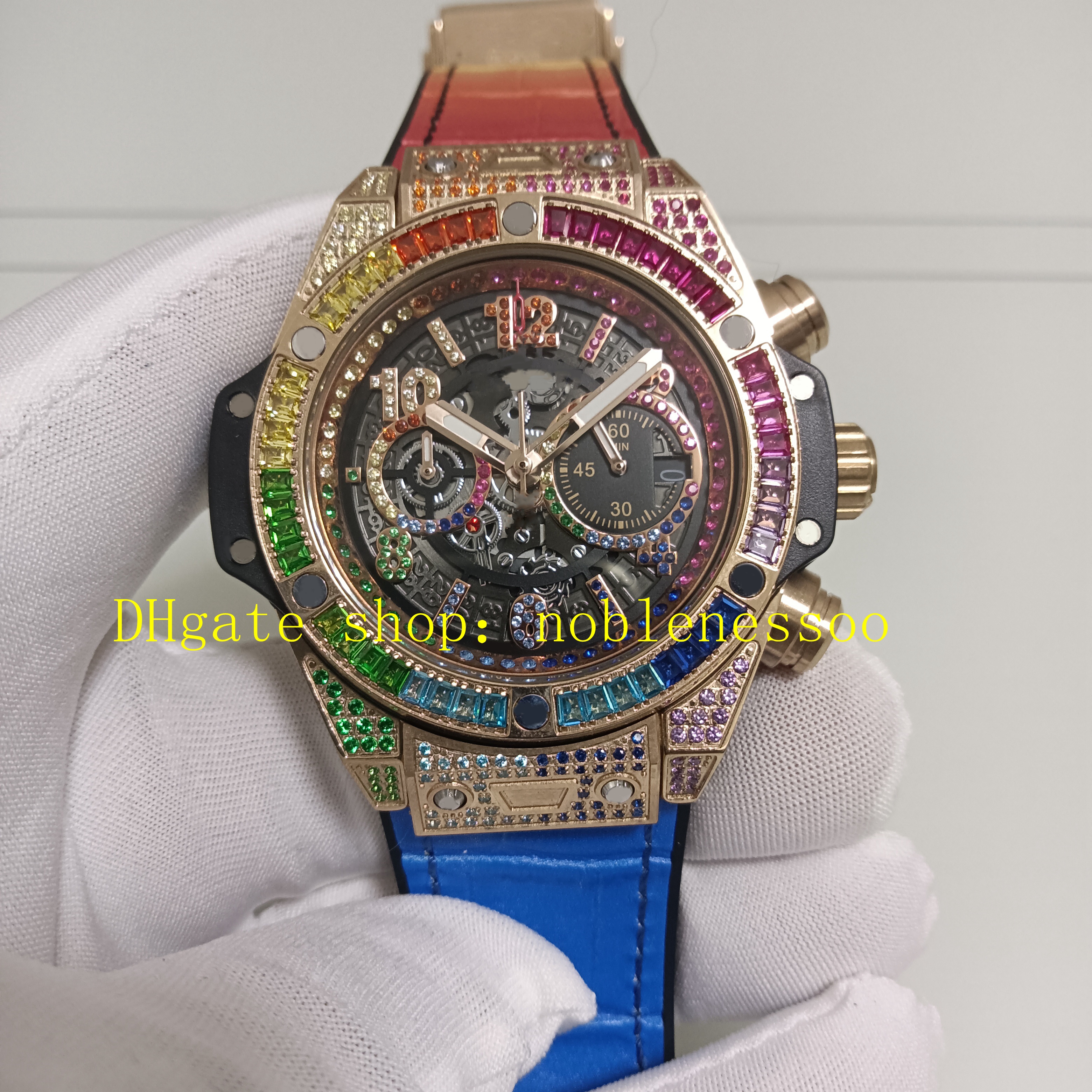 Real Photo Chronograph Mens Watches Men Quartz Chrono Rose Gold Everose Red Blue Rainbow Diamond Bezel Rubber Bracelet Sport Watches Wristwatches