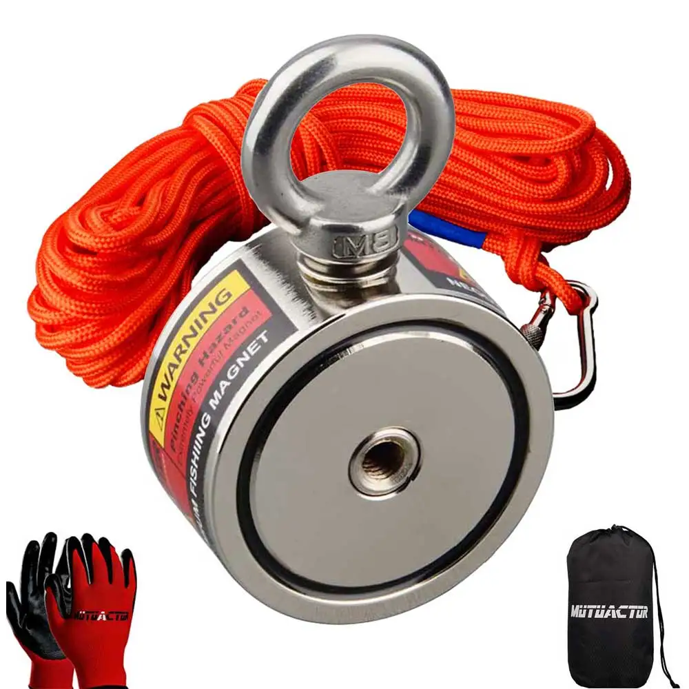 Two Sided Strong Neodymium Round Magnet Set with 15m Rope Verticall Pullforce Fishing Detecting Metal 240kg