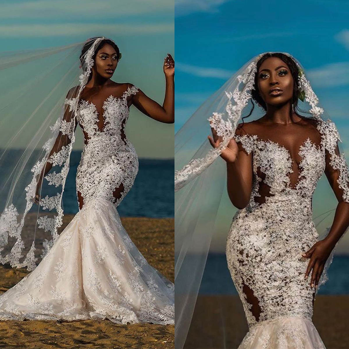 African Mermaid Wedding Dresses With Veil Lace Appliques Illusion Bridal Gowns V Neck Long Sleeve Custom Made Bride Dress