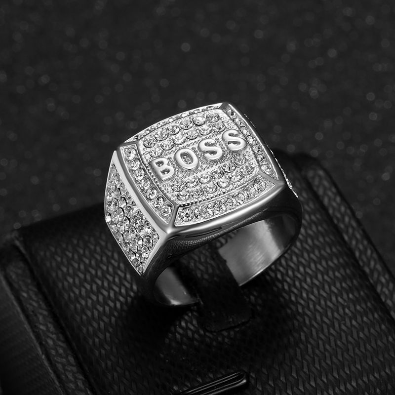 Hip Hop Square Stainless Steel BOSS Letter Casting Ring Real Gold Plated woth Zircon Jewelry