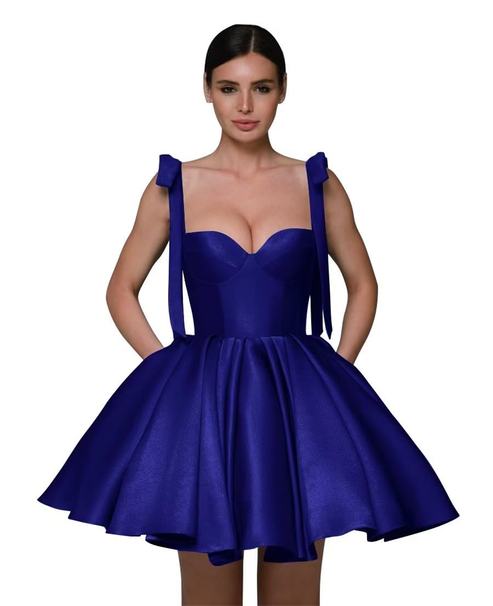 Short Spaghetti Homecoming Dresses Satin Lace-up Sexy Backless Pockets Ball Gown Sweetheart Cocktail Formal Occasion Cocktail Prom Party Graudation Go