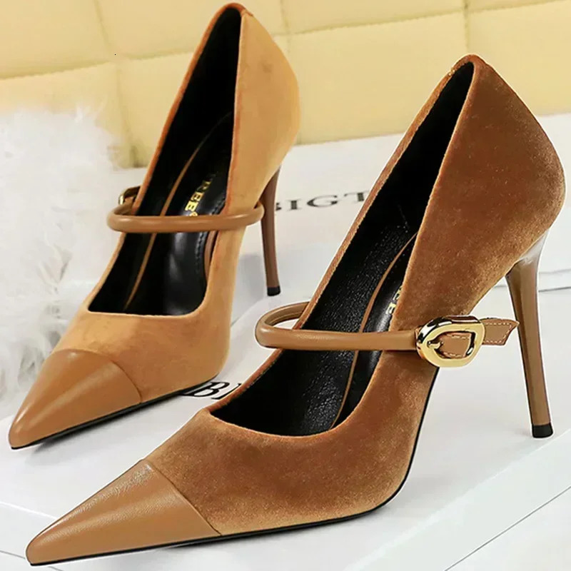 Women Pointed Toe 7cm 10cm Stiletto High Heels Party Mary Jane Pumps Lady Metal Buckle Prom Camel Strap Velvet Burgundy Shoes 241108