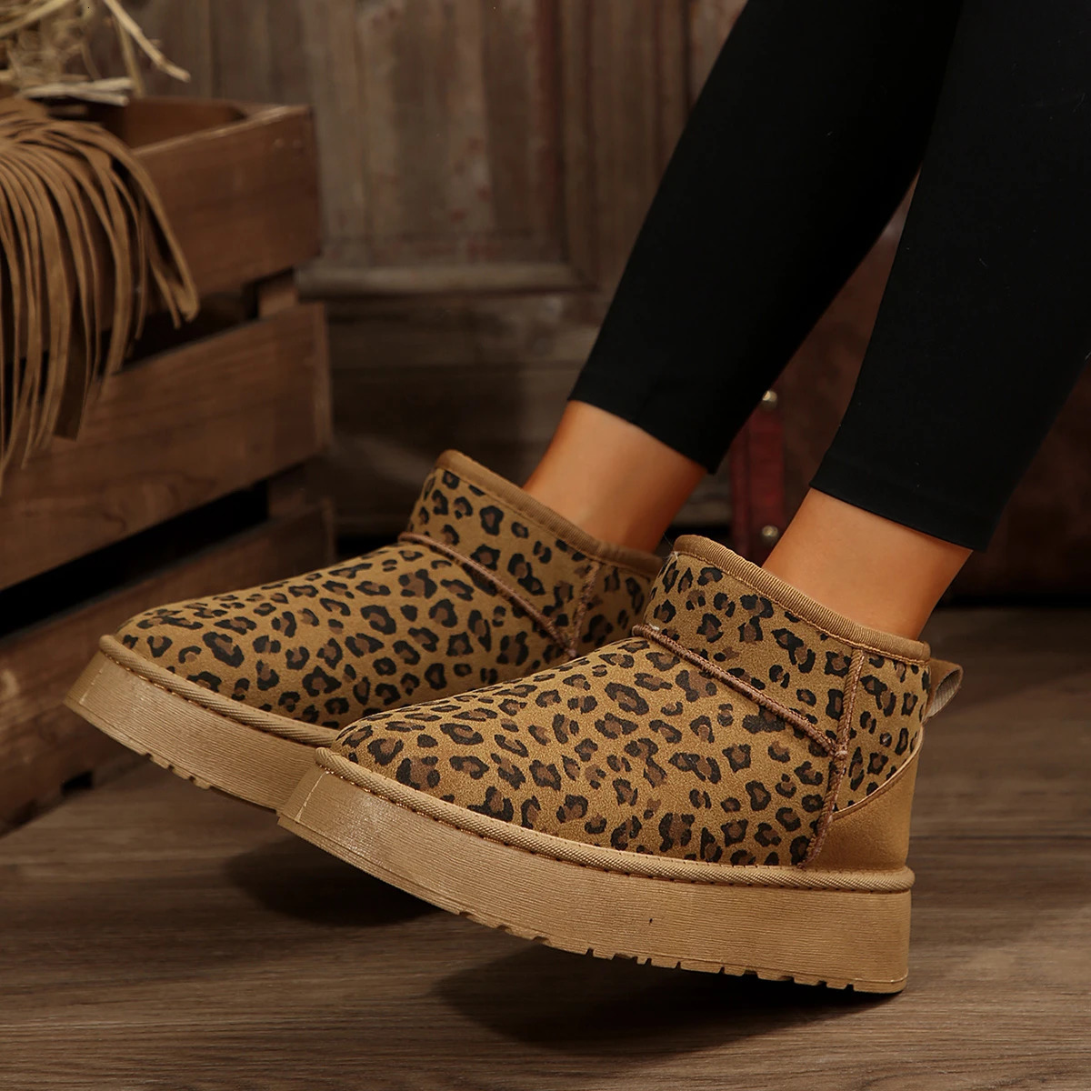 Womens Platform Shoes Winter High Quality Slip-on Snow Boots Leopard Print Daily Boots Round Toe Ankle Boots Women 241108