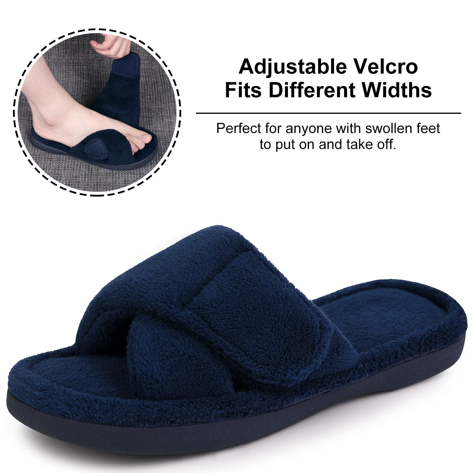 Furry Comwarm Women Soft Sloe Open Toe Memory Foam Non-slip House Plush Slippers Adjustable Terry Cloth Indoor Sandals 6e07