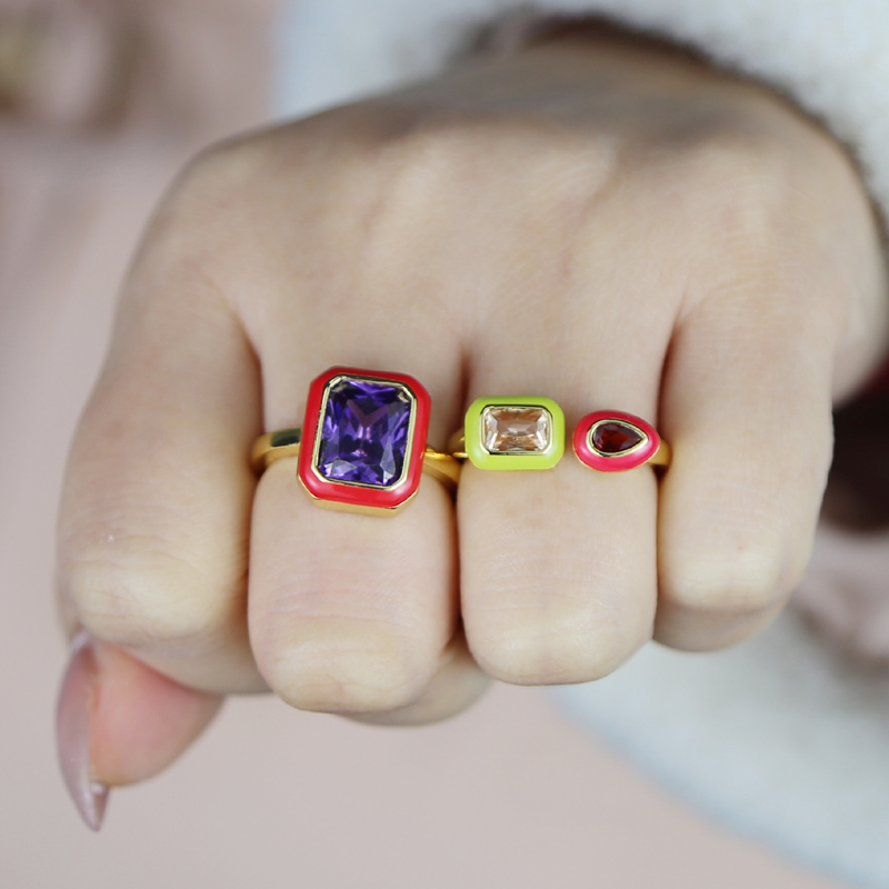 Pastel Enamel Geometric Bezel Band Rectangle 5A Cubic Zirconia CZ Sparking Engagement Band Ring for Women Fashion Jewelry