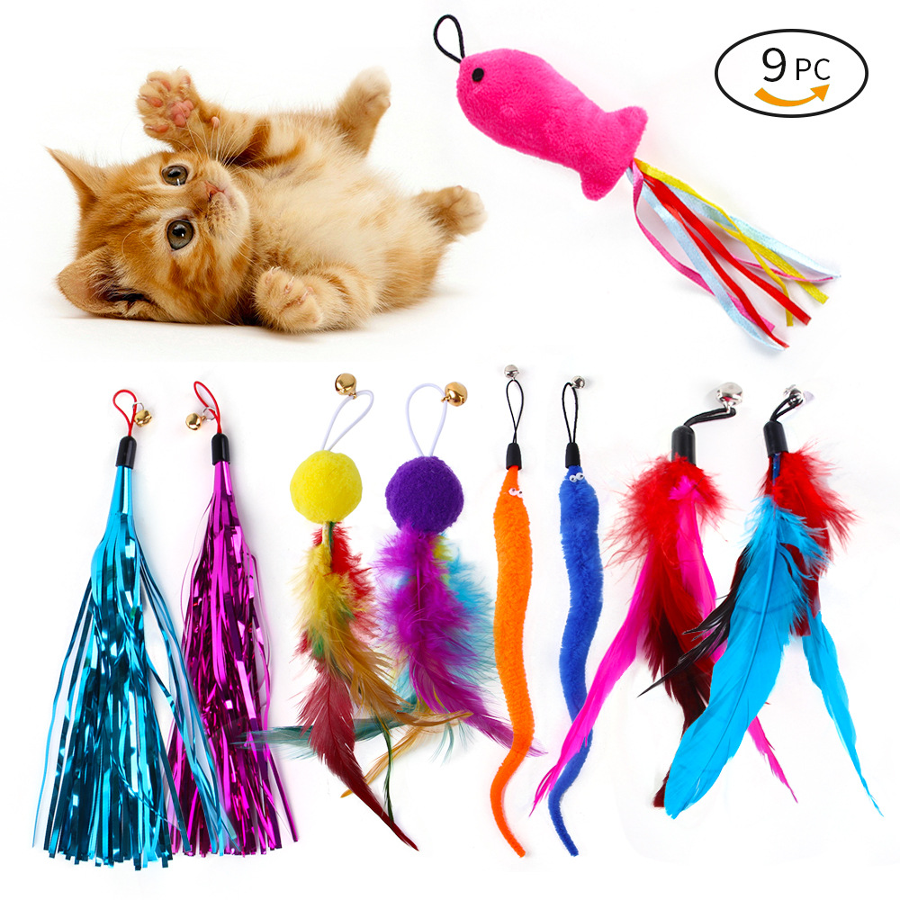 9 Pack Colorful Replacement Head Funny Stick Tassel Feather Fishing Rod Toy Set Cat Toys Interactive Free shipping