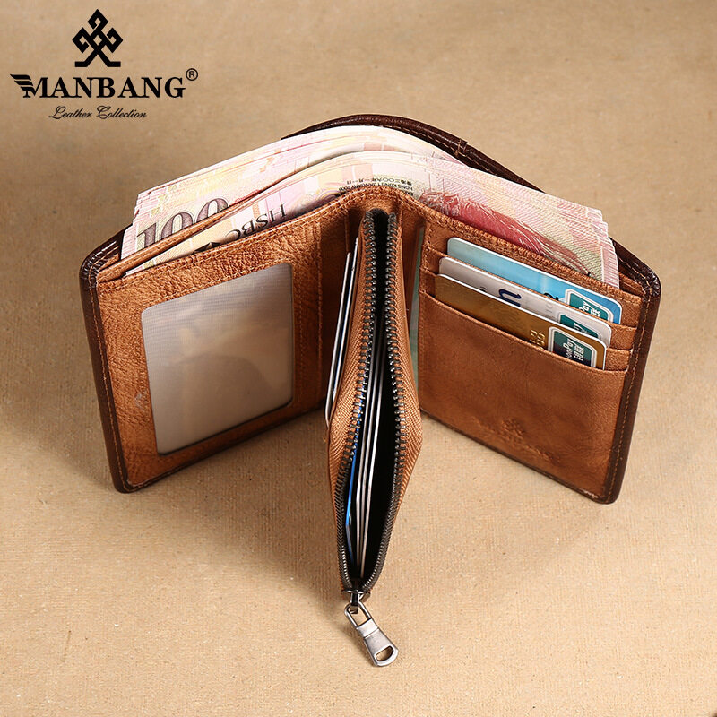 [Vintage Style & Genuine Cowhide Leather]ManBang Brand Luxury Men's Wallet Zipper Short First Layer Cowhide Purse Three Fold
