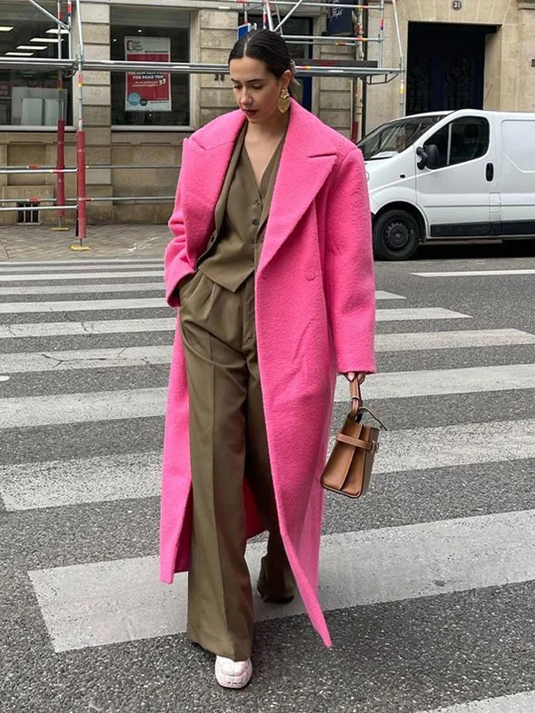 Elegant single corset womens casual lapel long sleeved loose pink coat autumn winter office womens coat 241108