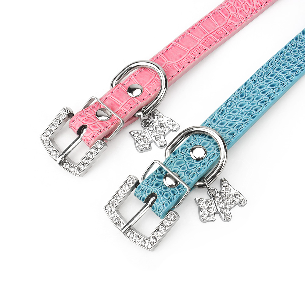 Small Durable Dog Collar PU Leather Padded Pet Collars with Puppy Pendant & Rhinestone Buckle for Small Medium Large Dogs & Cats