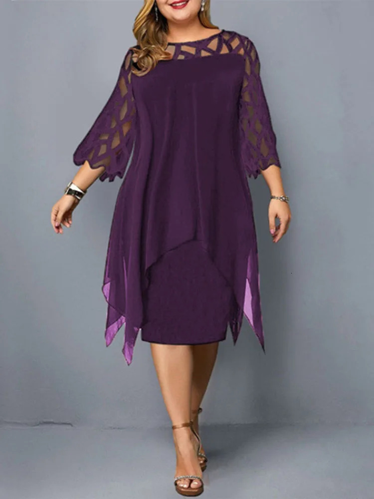 Elegant Midi Party Dress For Chubby Women Xxl O Neck Lace Sleeve Hollow Out Solid Sexy WomenS Clothing Evening Dresses 2023 240402