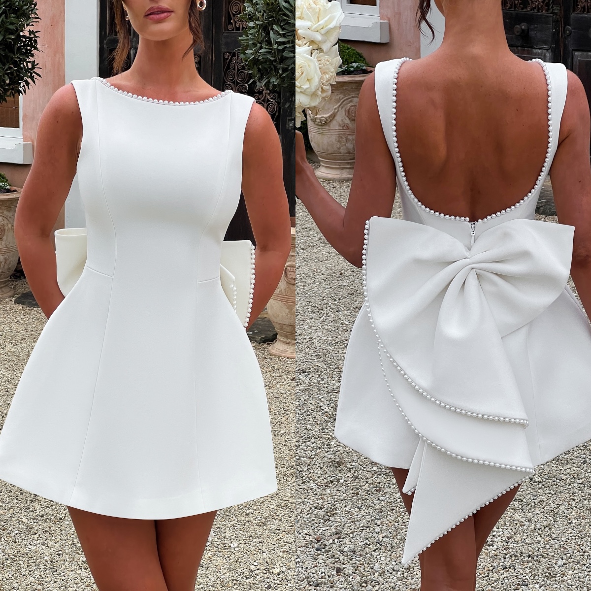 Gorgeous white pearls Short Dress A e bateau neck satin mini Wedding gowns backless bow designer robe de mariage