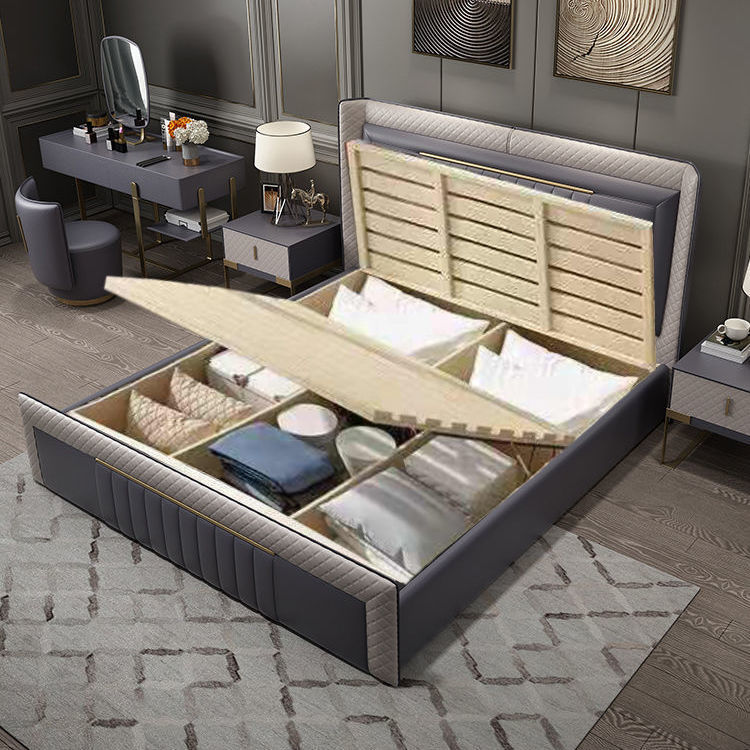 Luxury Leather Bed Master Bedroom King Size Double Bed Solid Wood Frame Home Furniture