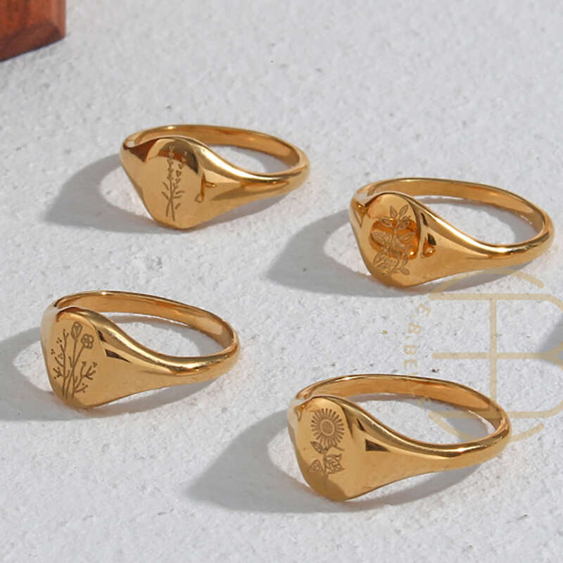 Tarnish Free E.B.belle Stainless Steel Gold Plated Engraving Wildwer Tea Leaf Lavender Suower Signet Rings For Women