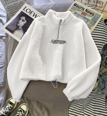 Designer's semi high neck with thick lamb wool furry short hoodie, women's Korean version, student autumn and winter warm jacket