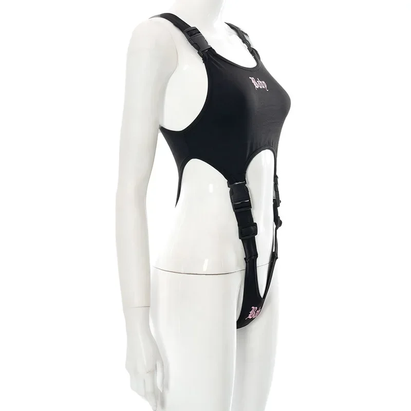 Women Sexy Bodysuits 2024 Mall Gothic Cargo Black White Buckle Patchwork Ddmysmile Alt Clothes Techwear Y2k Punk Cut Out Print ddmysmile Streetwear Sm