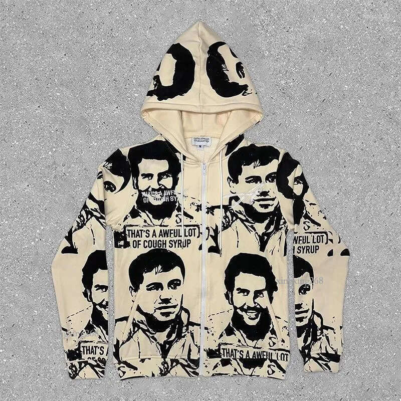 Men's Hoodies Harajuku Hip-hop Retro Print Mens Clothes Graphic Y2k Top Oversized Hoodie Streetwear Goth Women Zip Up