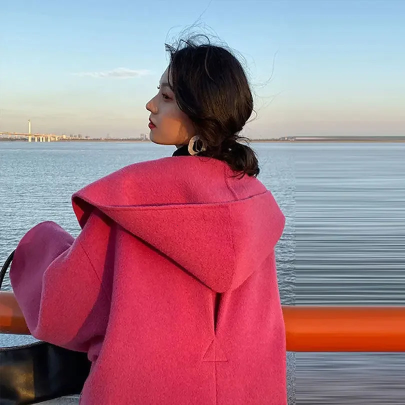 Rose red double-sided womens coat autumn/winter item Korean fashion hooded mid length wool jacket womens winter clothing 241108