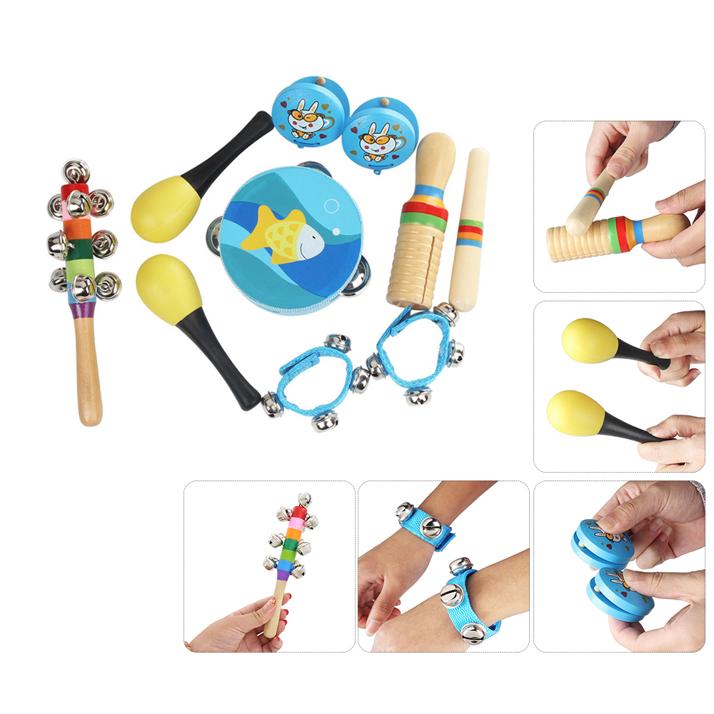 New 10pcs/set Musical Toys Orff Instruments Sets Band Rhythm Kit Including Tambourine Maracas Castanets Handbells for Kids
