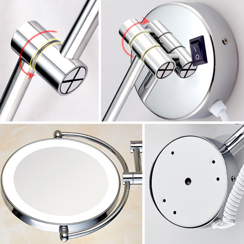 8 Inch LED Makeup Mirror With Plug 3X /1X Magnifying Folding Wall Illuminated Mirror Double Bathroom Mirrors