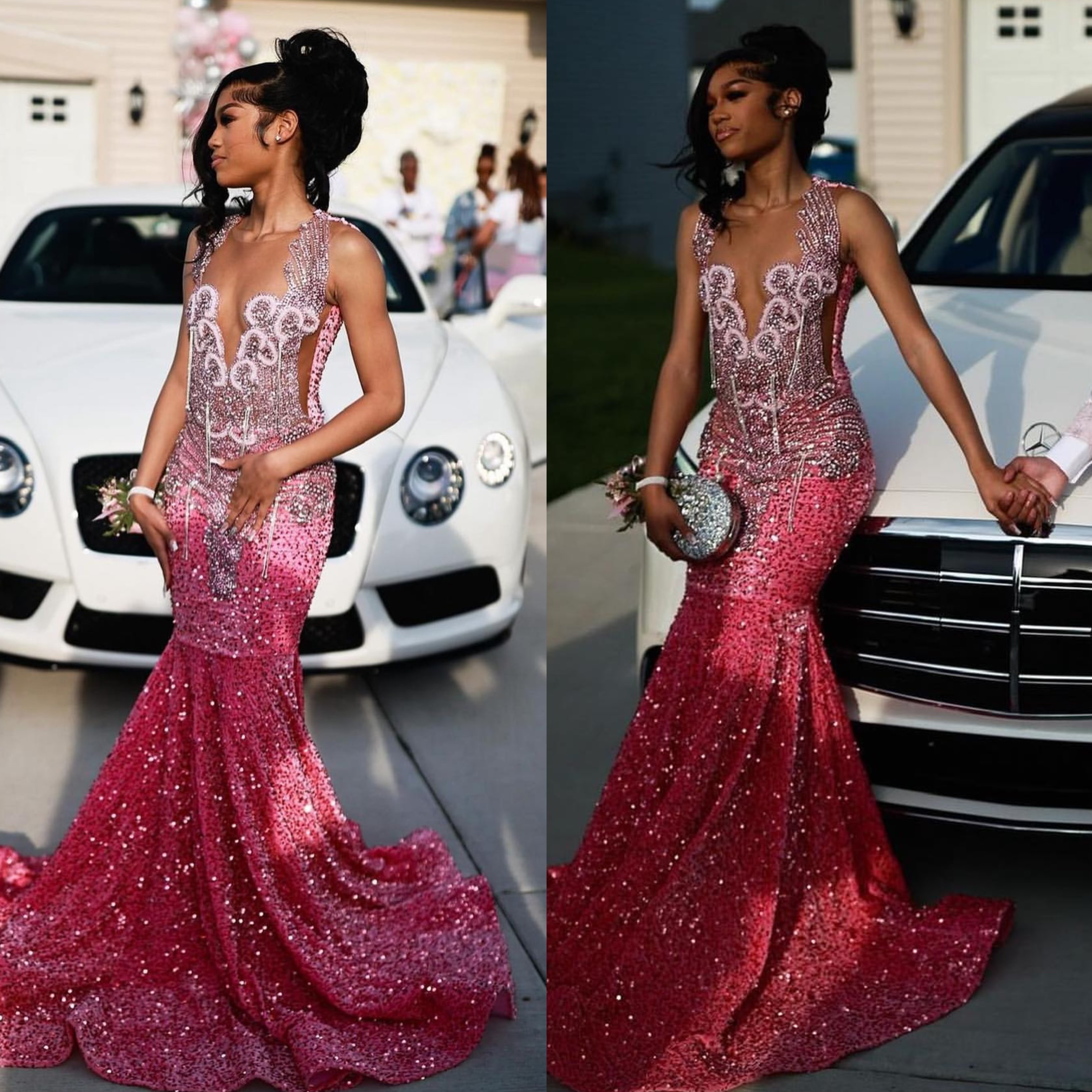Dust Pink Sequins Mermaid Prom Dress Black Sheer Neck Beaded Evening Elegant African Formal Dresses For Women Lz0304