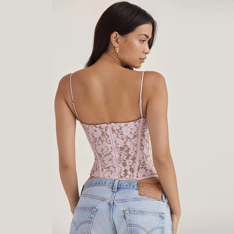Women's Tanks 2024 High Quality Summer Corset Top Y2k Vintage Lace Women Sexy Padded Camis Pink Bodycon Crop For Party Club