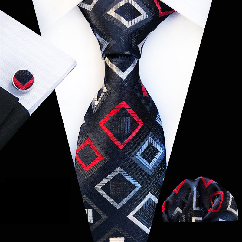 New Design Plaid Tie Set Jacquard Weave Silk Tie Gravata Handkerchief Cufflinks Set Pocket Square Men Necktie Wedding Party Gift