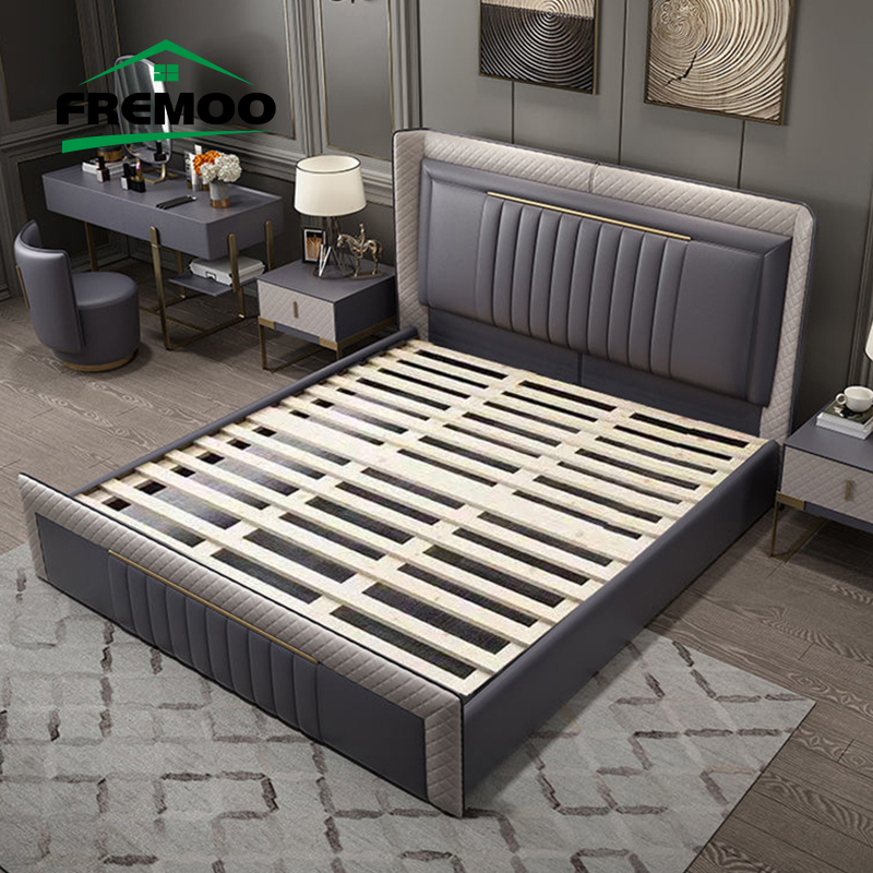 Luxury Leather Bed Master Bedroom King Size Double Bed Solid Wood Frame Home Furniture