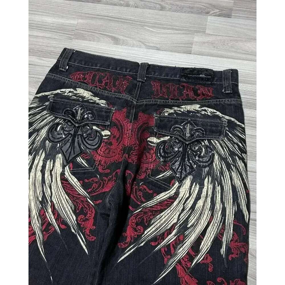 Gothic Hip-Hop Wings Oversized Pattern Printed Loose Denim Shorts For Men Y2k Retro Summer New Fashion High Street Popular Pants