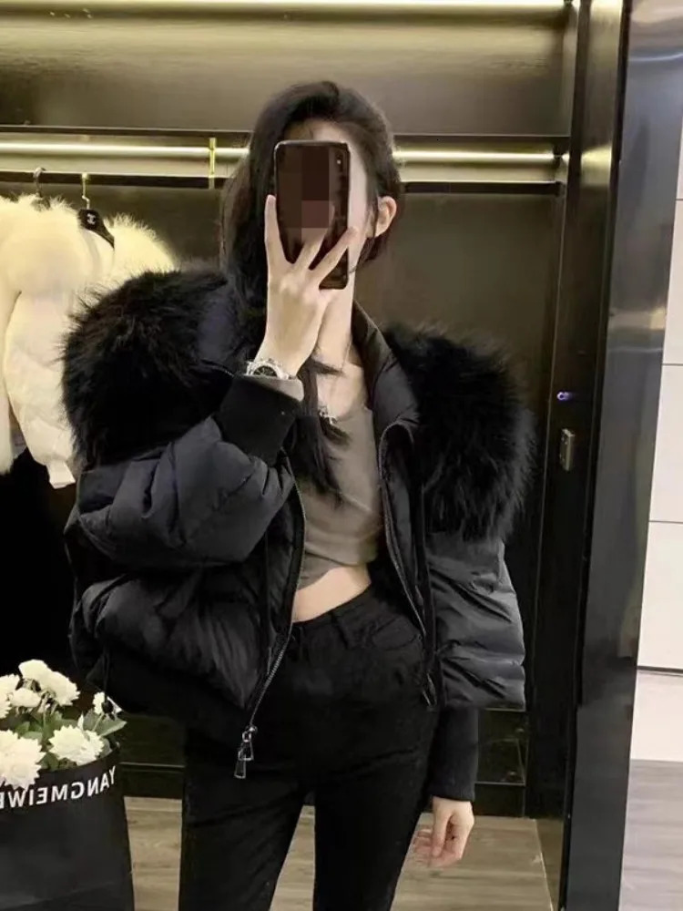Winter Womens Down Jacket Raccoon Fur Collar Hooded Short Coat Long Sleeve Fashionable Casual Loose Fit Thick Coat 241108