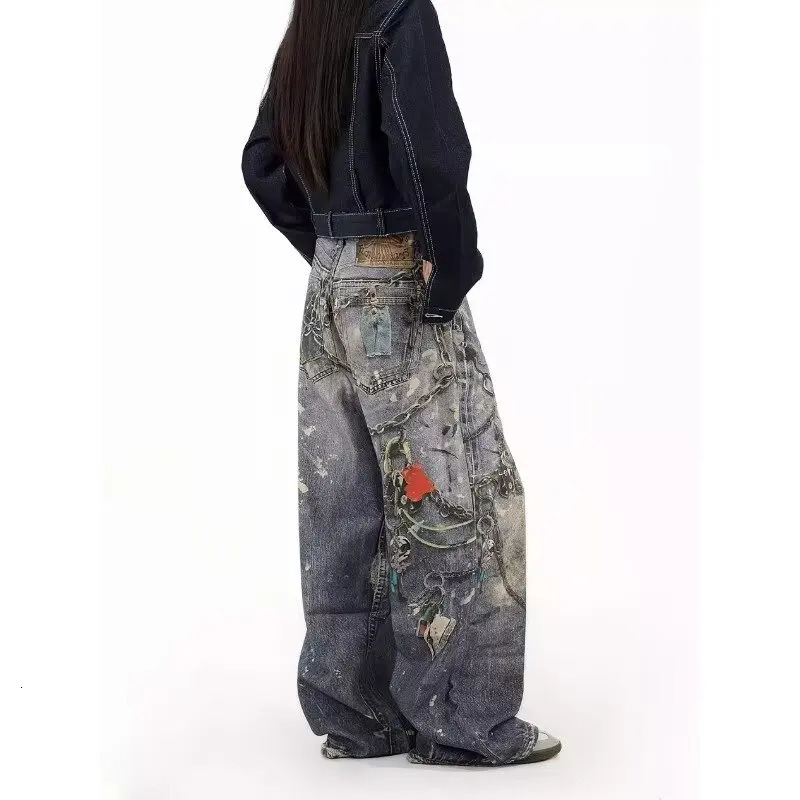 Y2K Mens Retro Street Printing Digital Crop Printing Jeans Mens Loose Straight Personalized Fashion Mop Wide Legs Trousers 241108