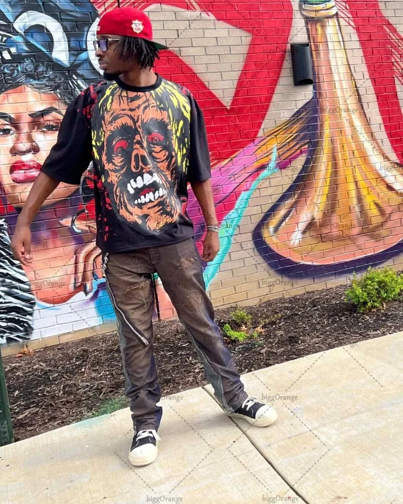 Gothic Punk Devil Pattern Print Oversized T-Shirt Mens Y2K Street Hip Hop Harajuku Loose Short Sleeve T-Shirt Womens 240401