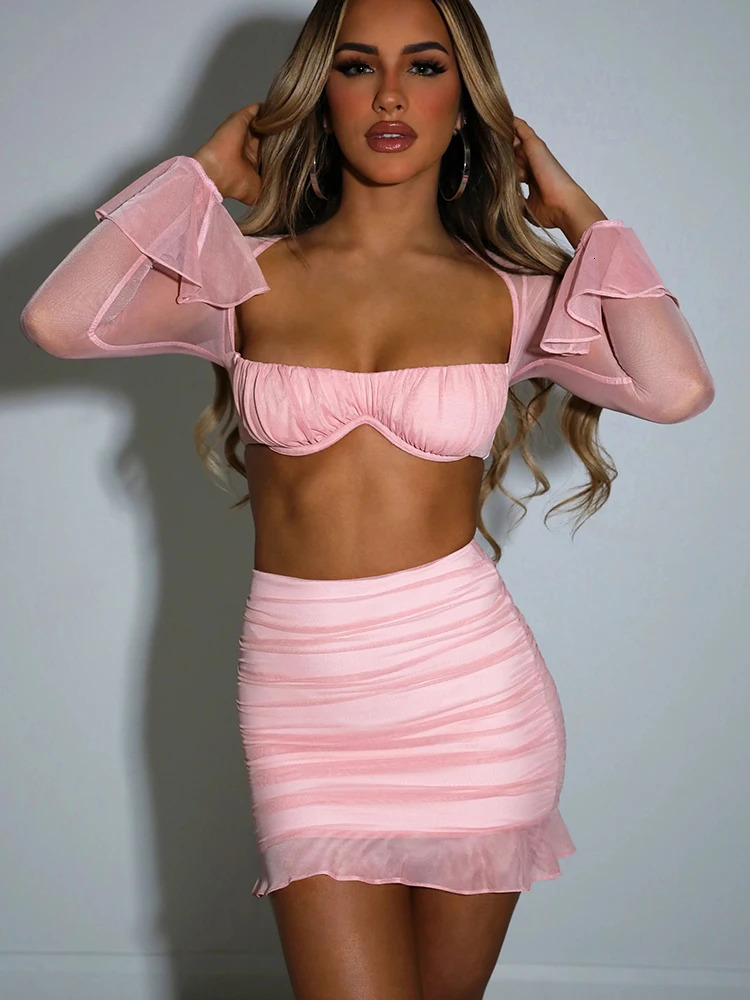 Mozision Mesh Sexy Dress Set Women Strapless Full Sleeve Crop Top And Mini Skirt Matching Sets Female Club Party Two Piece 240401