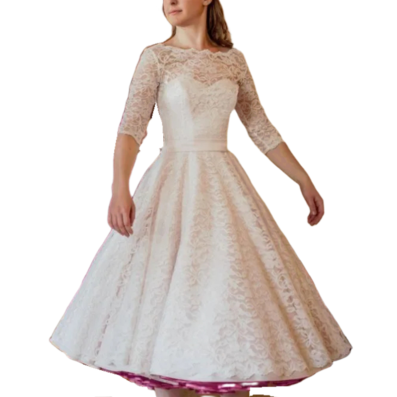 Vintage Tea Length Lace Wedding Dresses With Pleats Fuchsia Skirt A Line Elegant Bridal Gown Open Back Bow Sash Classic Short Bride Dress