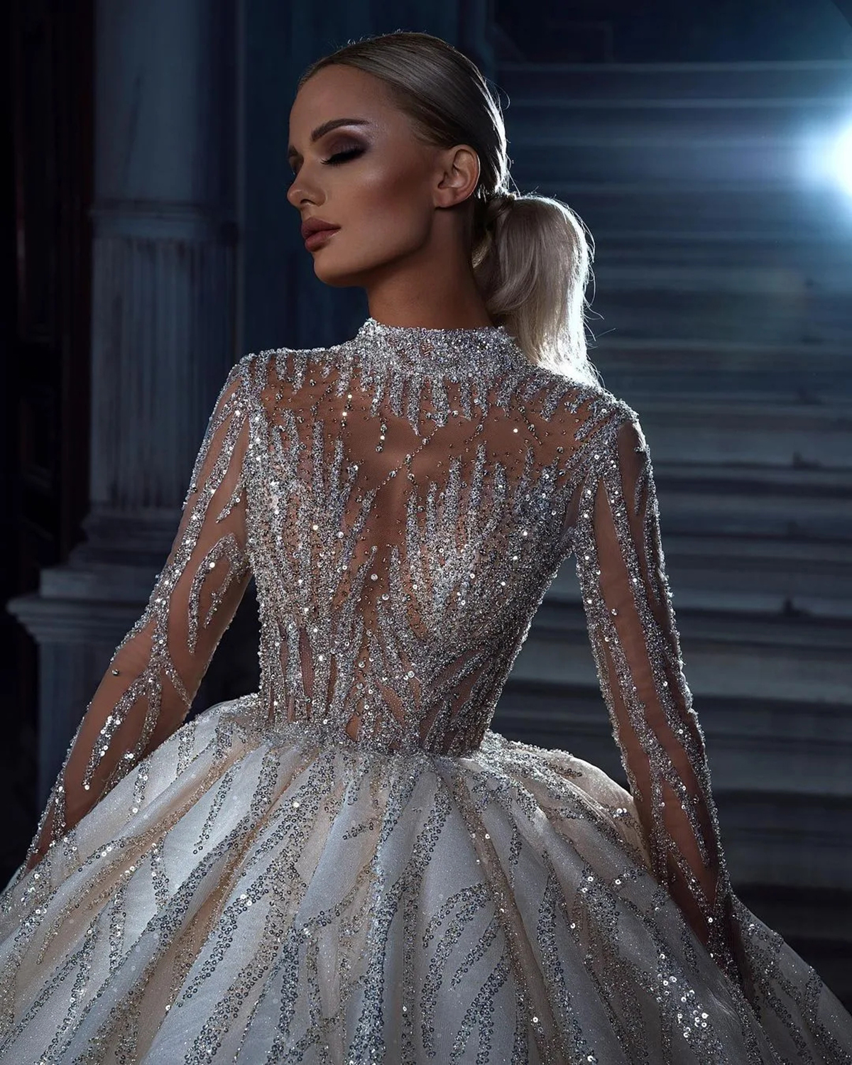 Sparkly Ball Wedding Dress High Collar Long Sleeves Bridal Gown Appliques Sequins Sweep Train Dresses Custom Made Vestidos De Novia 0505
