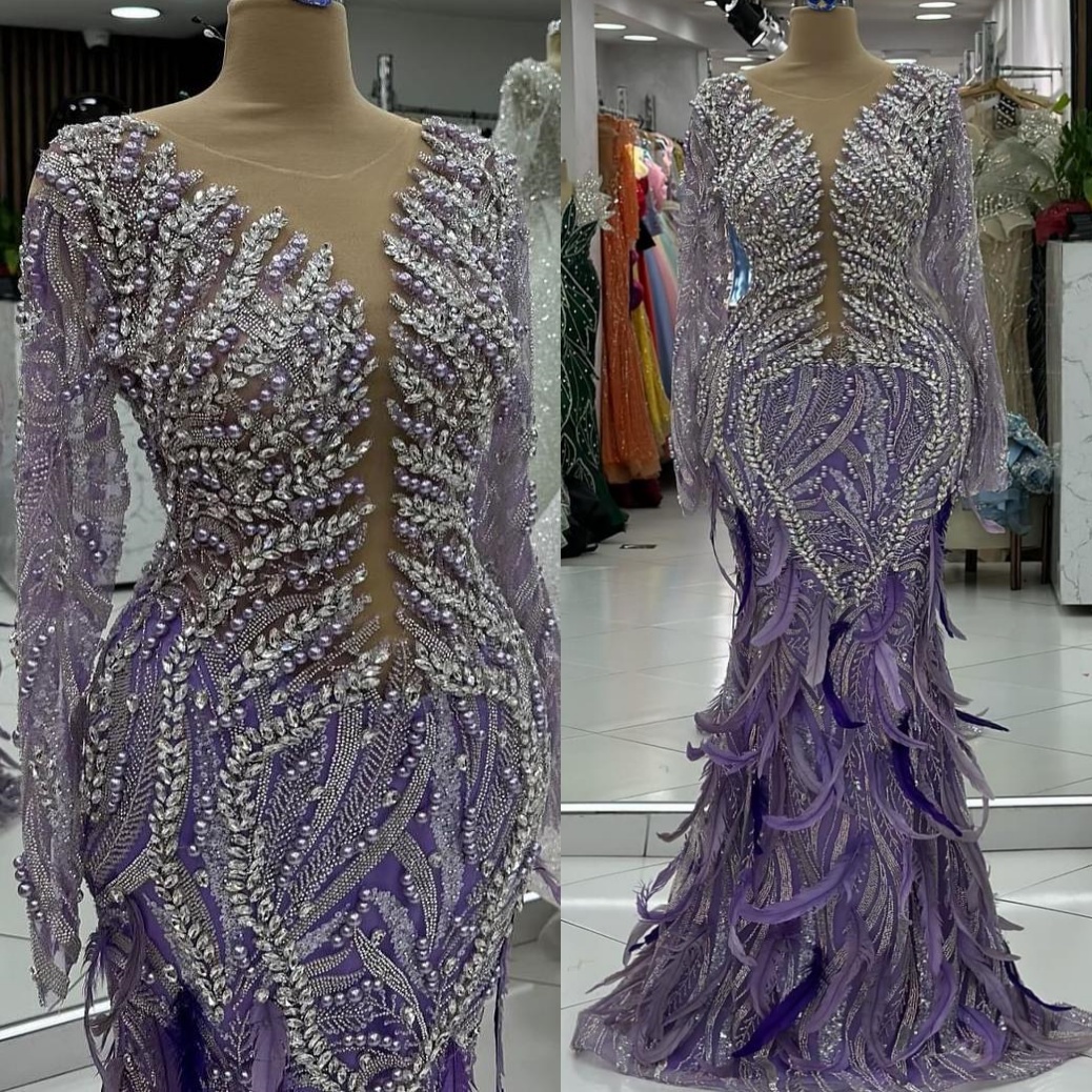 2024 Plus Size Lavender Mermaid Prom Dresses For Special Occasions Rhinestones Feather Luxurious Evening Party Birthday Gowns Dress For Women Vestidos