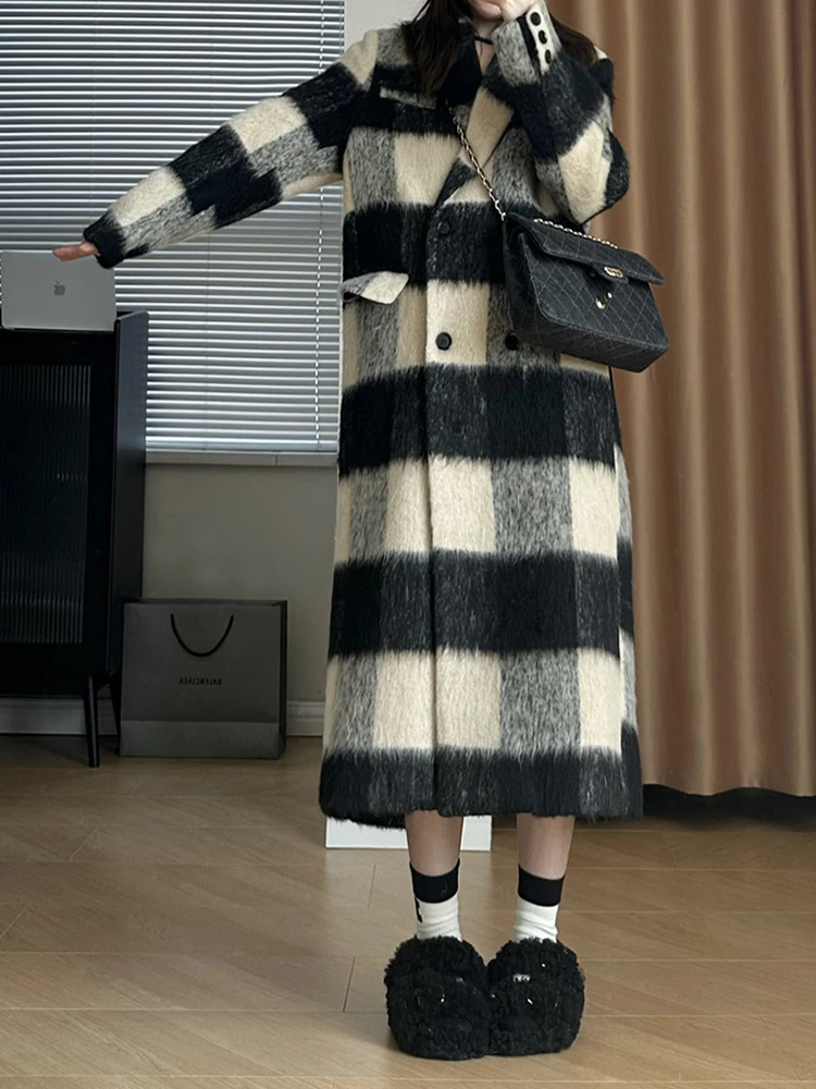 EAM plain weave thin shoulder strap long wool coat loose fit collar long sleeved womens jacket fashionable trend winter 30A2342 241108