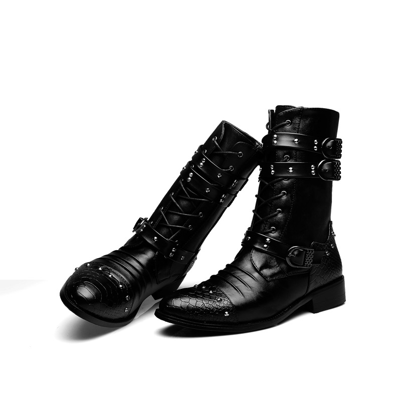 Idopy New Autumn Gothic Men 2025 new Pointed Toe Stage Performance Faux Leather Boots Male Punk Studs High Heels Shoes Rivet Booties