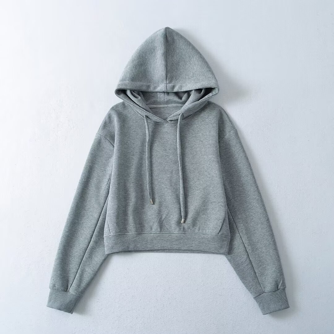Designer's simple solid color loose hoodie top autumn new casual versatile short hooded sweatshirt for women