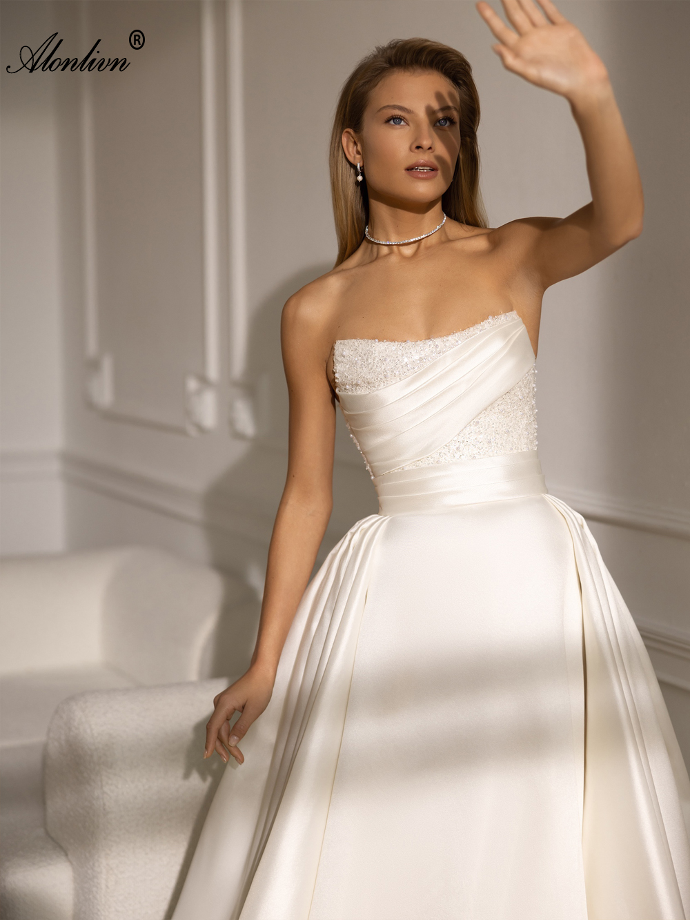 2024 Satin Fabric Boat Neck 2 In 1 Mermaid Wedding Dress Stunning Beading Pearls Lace Removable Train With Pleats Trumpet Bridal Gowns