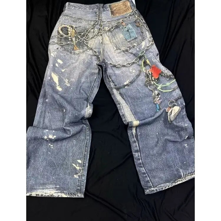 Y2K Mens Retro Street Printing Digital Crop Printing Jeans Mens Loose Straight Personalized Fashion Mop Wide Legs Trousers 241108