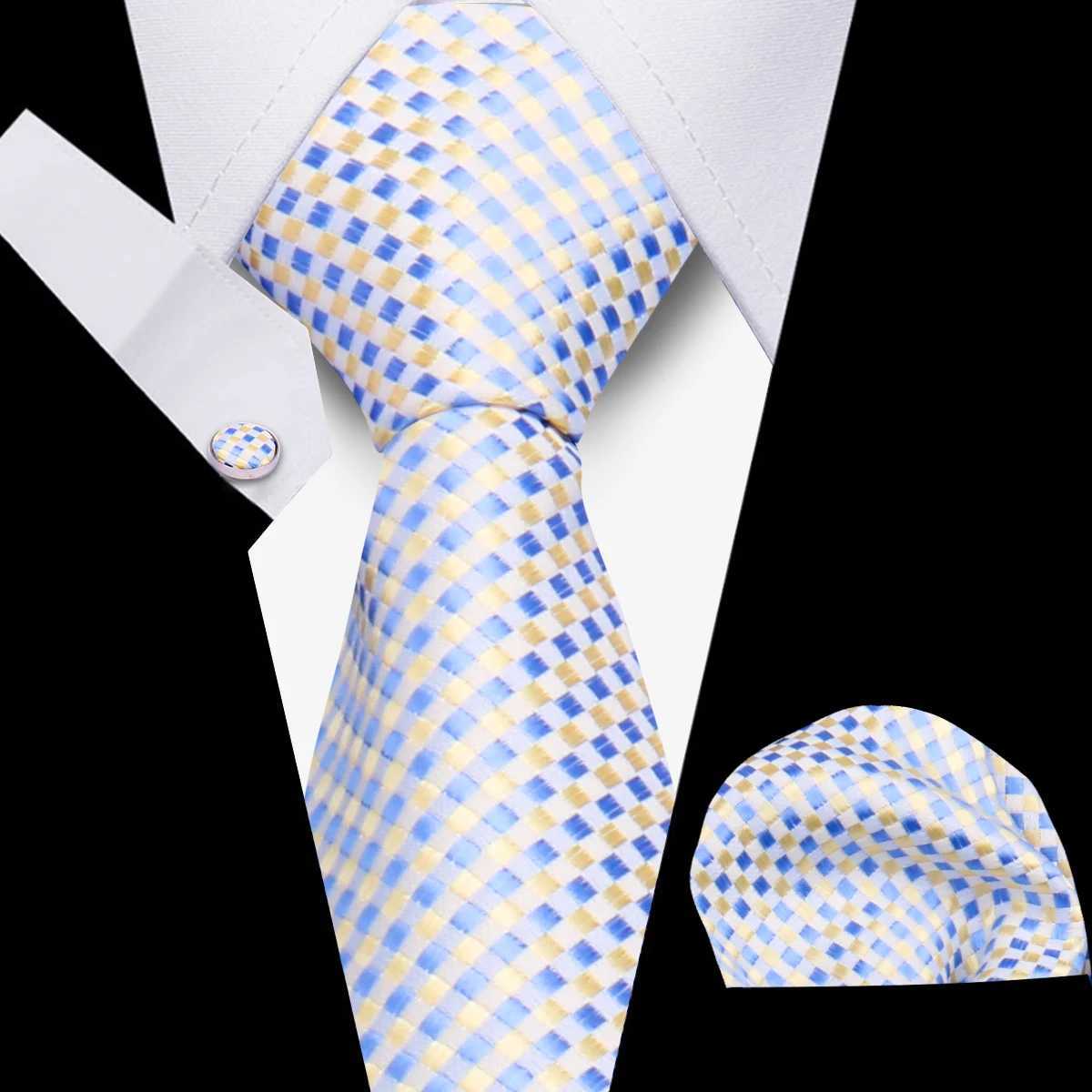 Luxurious Brand Designer Ties For Men Polyester Checkered Stripe Cufflinks Handkerchief Off Wedding Accories Necktie SetX241111