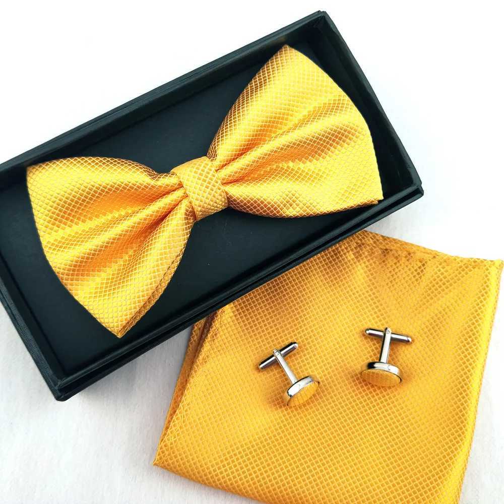 Bow Set 3ps Cufflinks Pocket Square Solid Color Check Bowtie For Men Party Wedding Fashion Butterfly Shirt Tie WholesaleX241109