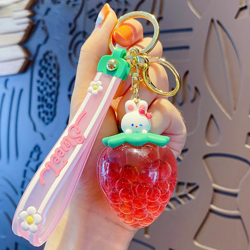 Sweet Strawberry Fruit Cup Floating Rabbit Keychain Cute Moving Liquid Quicksand Bear Doll Key Chain Women Girl Bag Gift Pendant