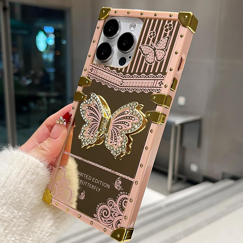 Luxury Glitter Diamond Butterfly Stand Square Cases Stand Metal Corner For iPhone 16 15 14 13 12 11 Pro Max Samsung S21 S23 FE S22 S24 Ultra A15 A35 A