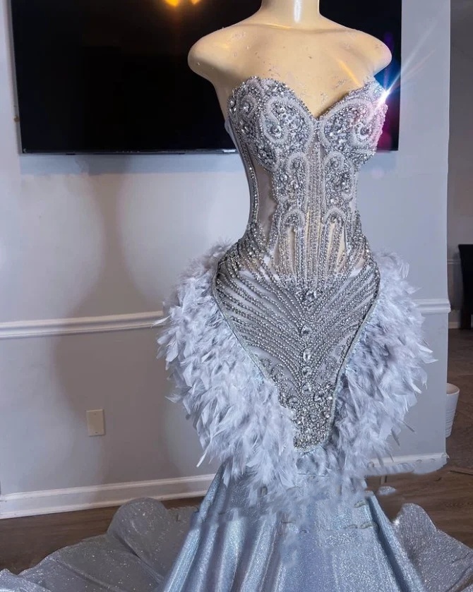 Sier Sparkling Long Prom Dresses For Black girls 2024 With Feathers Beaded Mermaid Birthday Party Gowns Vestidos De Novia