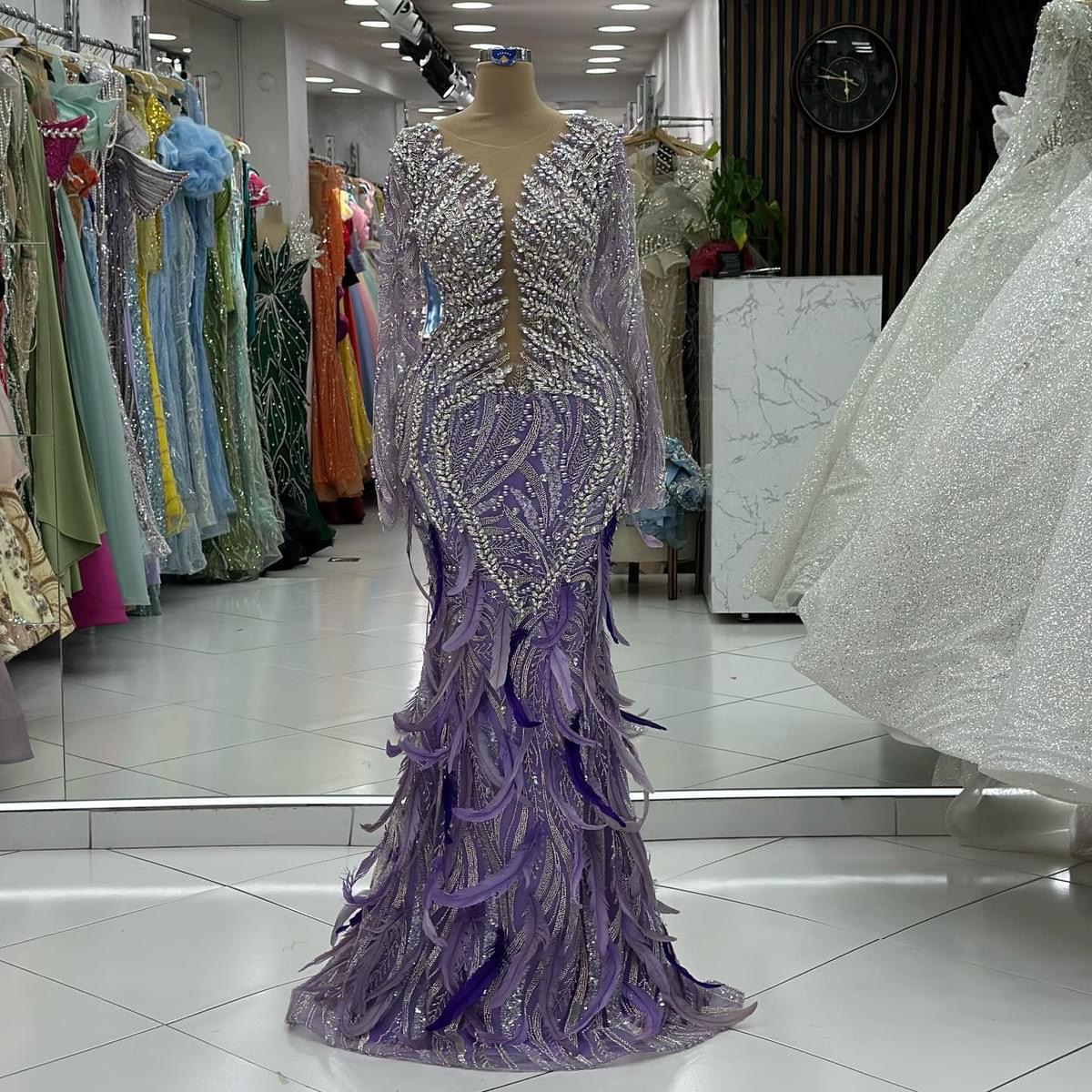 2024 Plus Size Lavender Mermaid Prom Dresses For Special Occasions Rhinestones Feather Luxurious Evening Party Birthday Gowns Dress For Women Vestidos