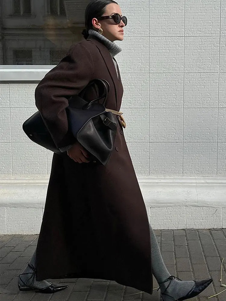 Womens collar long sleeved pocket wool coat elegant warm and casual double-layer coat womens Communicating Streetwear 241108