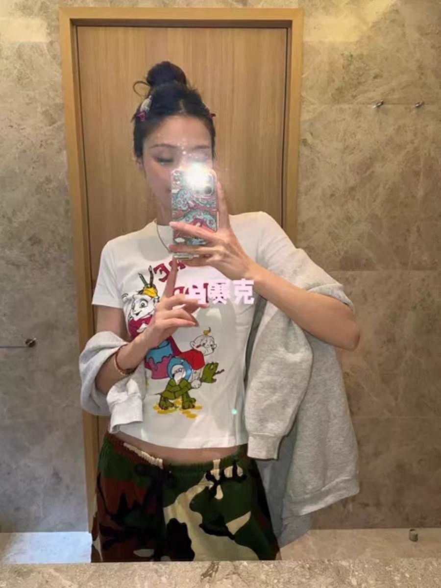 Retro Printed Short Slve Slim Fit T-Shirt for Women - Round Neck Versatile Casual 2024 Style y250528DH1A