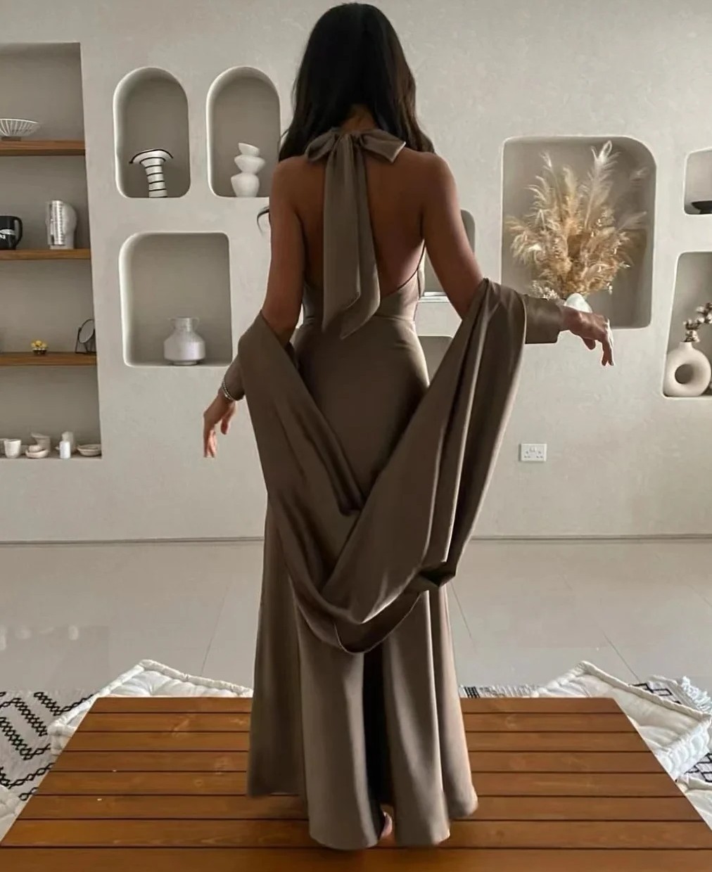 Sexy Gray Evening Dress 2024 V-neck Ruffle Ribbon Bow Backless Satin Women Prom Formal Gowns Custom Made Robe De Soiree